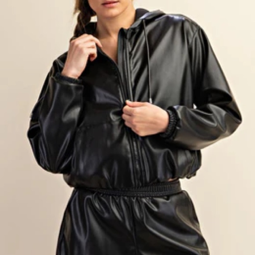 0896.  Faux Leather Black Hooded Jacket